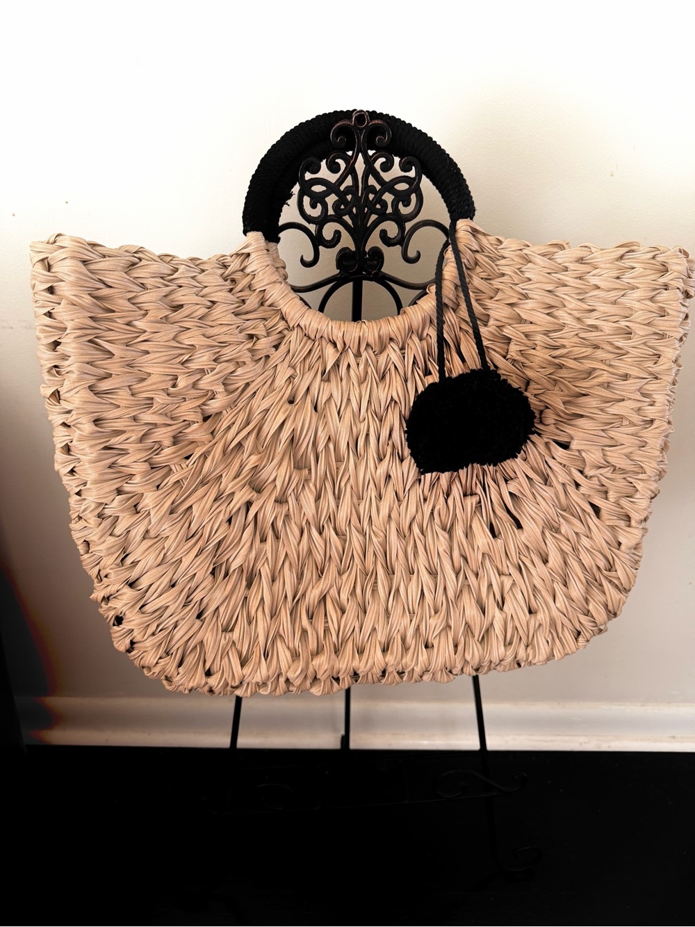 T.J.Maxx Natural Straw Tote with Black Wrapped Handles and Pom